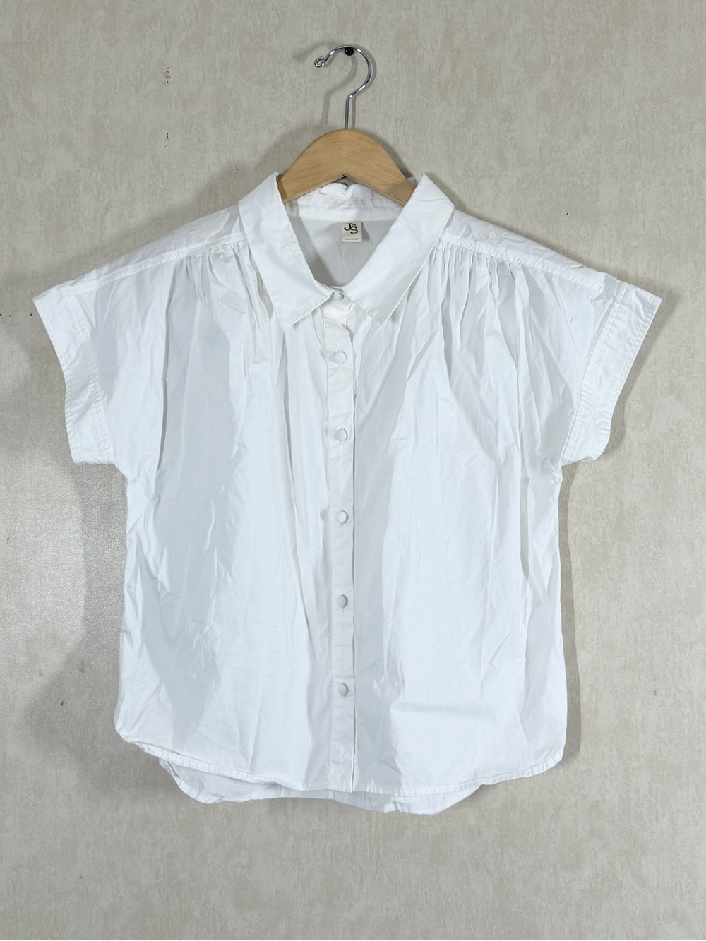 JS71 Women’s Cotton Pintuck Shortsleeve Poplin Top Button Up in White S